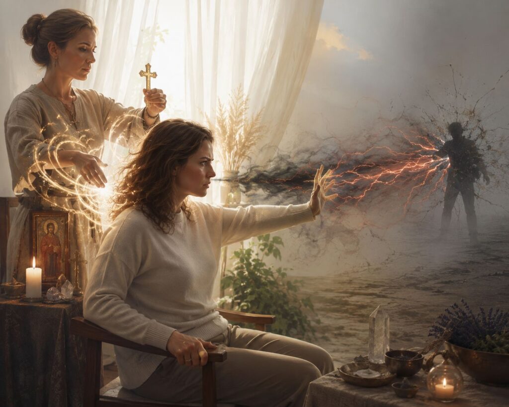 Woman performing a curse cleansing ritual and trying to direct an energetic return blow toward the person she believes caused her problems.