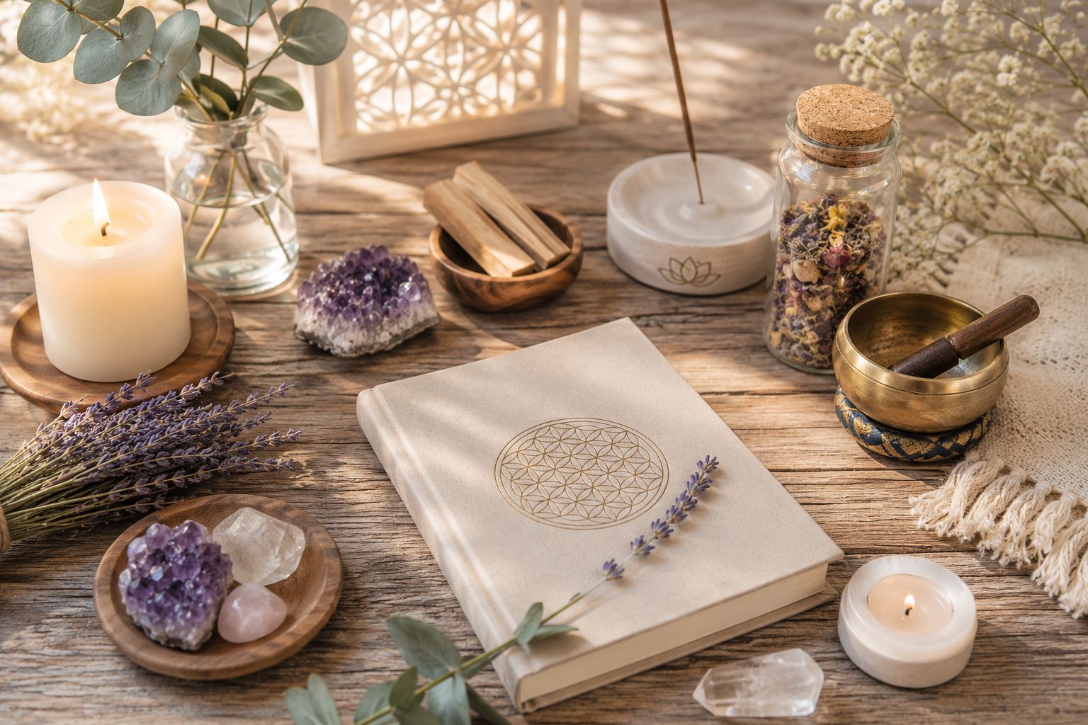 Esoterische Praktiken mit Kerzen, Kristallen, Kräutern und spirituellen Werkzeugen auf einem Holztisch für energetische Reinigung, Schutz, Meditation und bewusste spirituelle Arbeit.