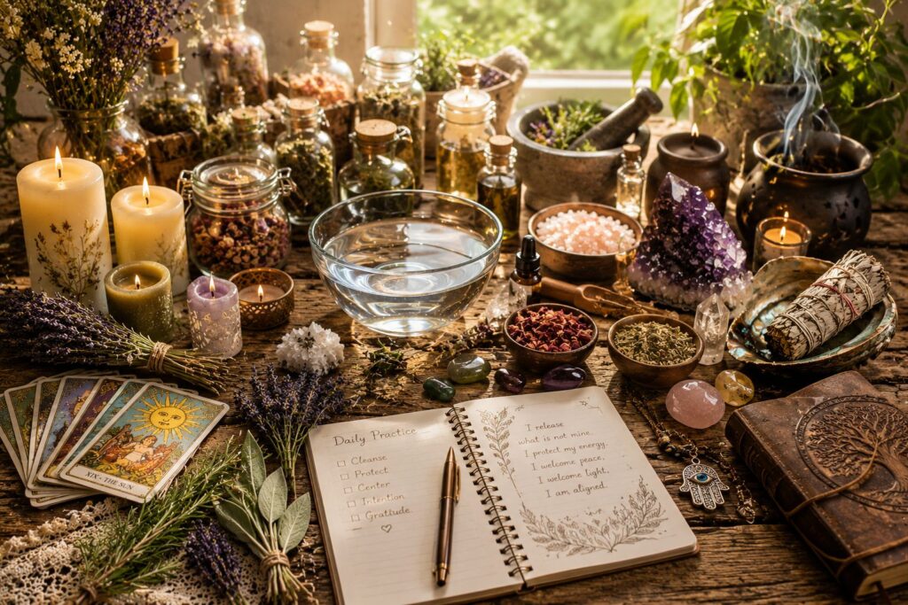 Esoteric practices with candles, water, salt, herbs, crystals, tarot cards and ritual tools for energy cleansing, spiritual protection and conscious magical work.