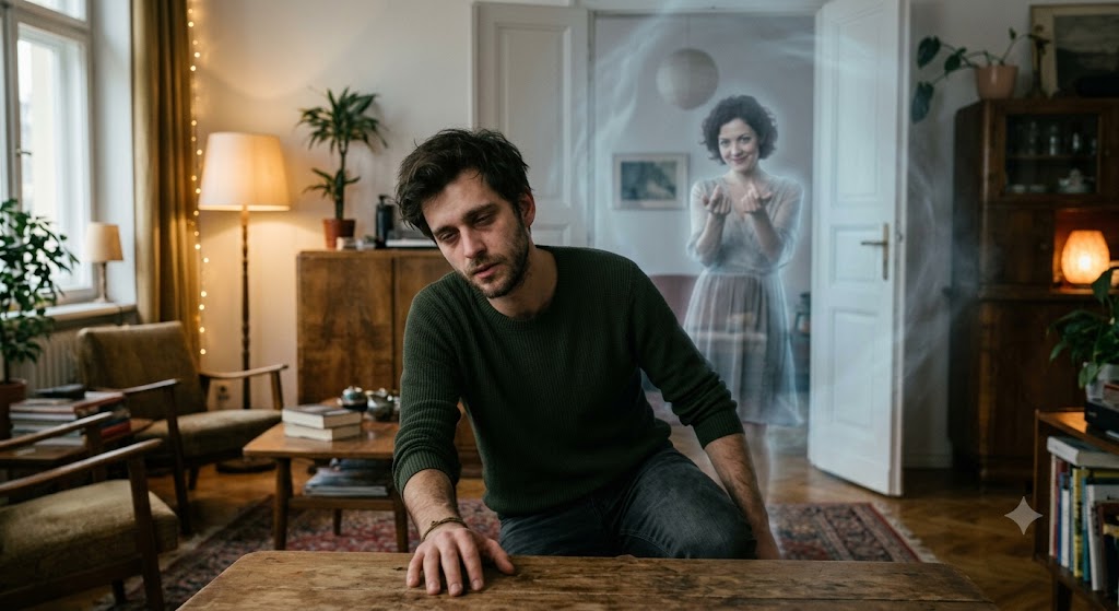 Hombre exhausto bajo el efecto de un amarre amoroso con la visión de una mujer llamándolo