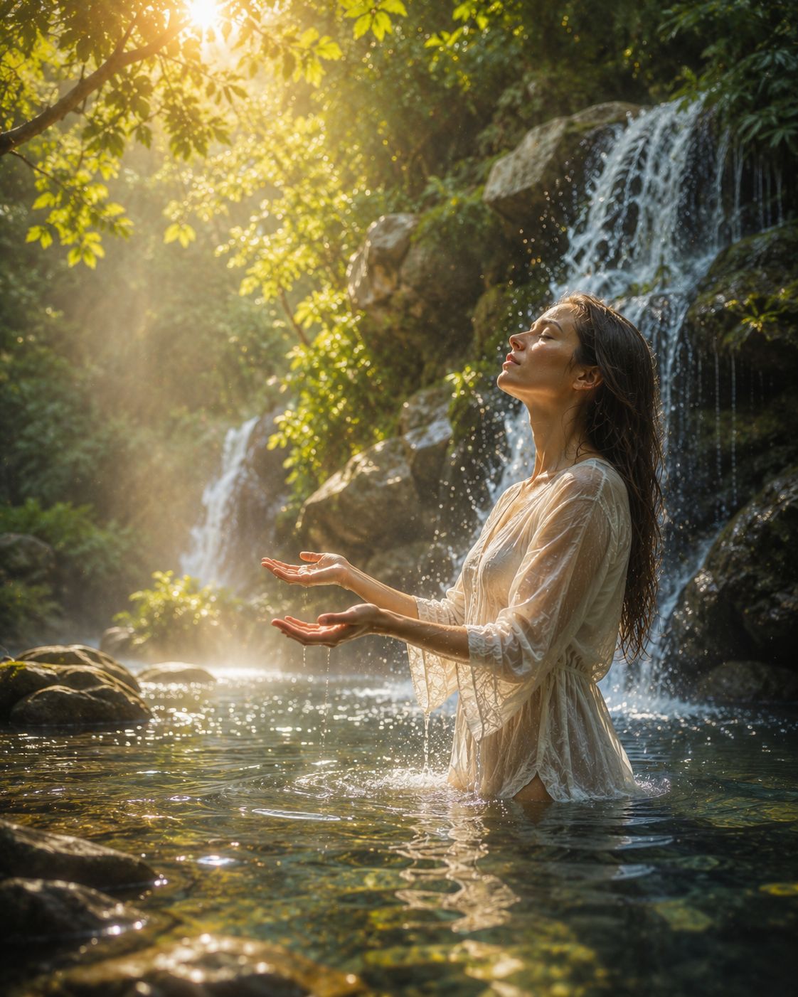 Mujer de pie en agua cristalina junto a una cascada en el bosque, con el rostro iluminado por el sol y las manos levantadas hacia el agua, simbolizando la limpieza energética, la recuperación de la energía y la conexión con la naturaleza.