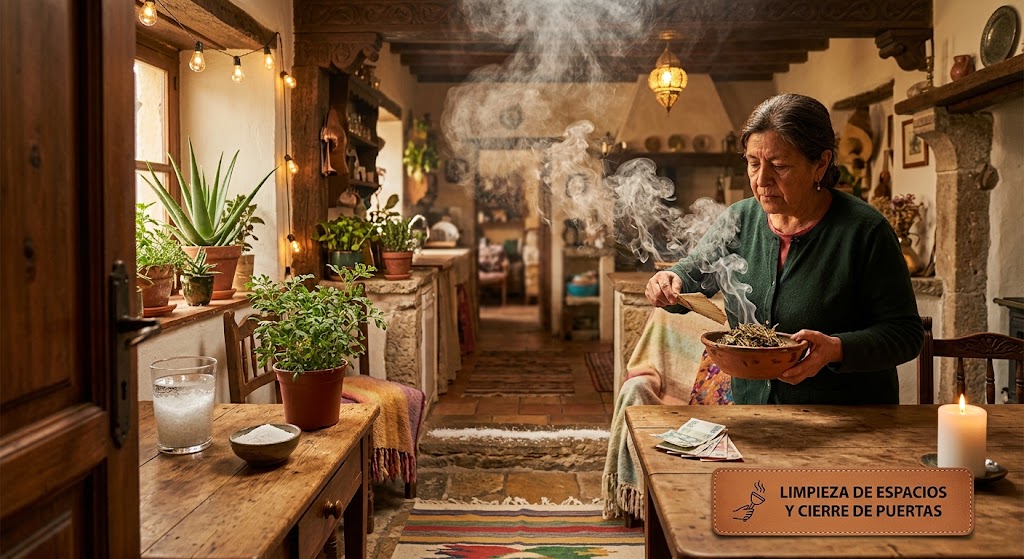 Una mujer realiza una limpieza energética en una cocina rústica, esparciendo humo de sahumerio, con plantas y un vaso con agua y sal sobre una mesa