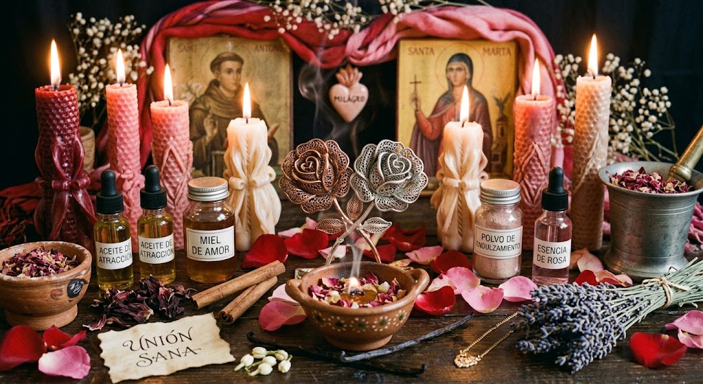 Un primer plano de un altar ritual de amor con un cráneo decorado, velas rosadas encendidas y frascos de aceites mágicos etiquetados.
