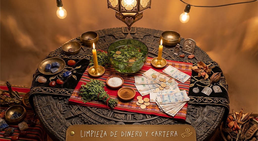 Altar ritual de prosperidad con billetes, monedas, hierbas y velas sobre mesa tallada.