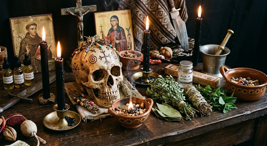 Altar ritual de brujería tradicional con velas negras encendidas, cráneo decorado y ofrendas