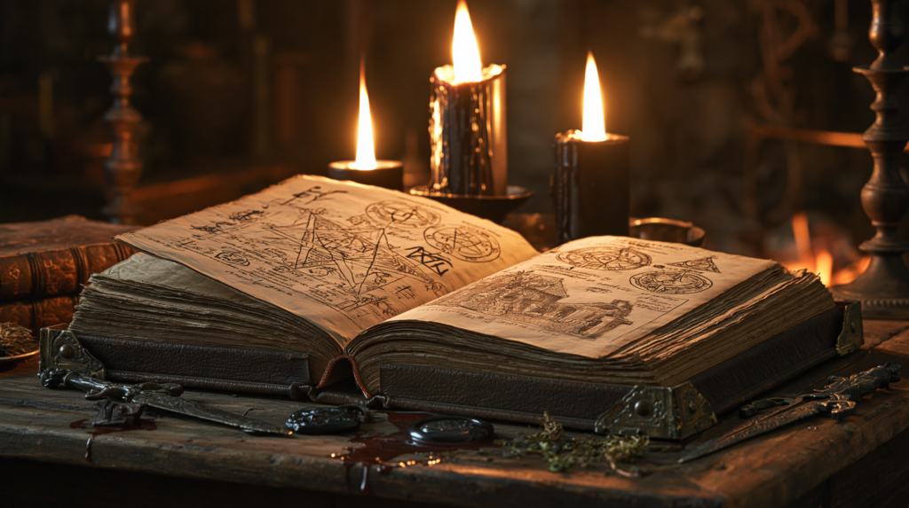 Старинная книга черной магии, черные свечи и ритуальные атрибуты